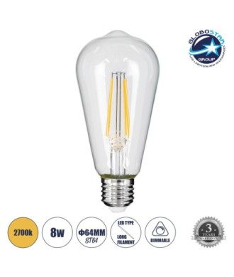 GLOBOSTAR® PEAR 99016 Λάμπα E27 ST64 LED 8W 800lm 360° AC 220-240V IP20 Θερμό Λευκό 2700K Dimmable - Long Filament Chip - Διάφανο - Μ6.4 x Π6.4 x Υ14cm - 3 Χρόνια Εγγύηση